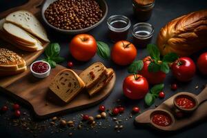 Lebensmittel auf ein hölzern Tafel mit brot, Tomaten, Bohnen, Brot und Gewürze. KI-generiert foto