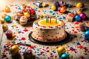Geburtstag Kuchen mit Kerzen auf ein hölzern Tisch. KI-generiert foto