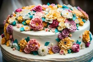 ein Kuchen dekoriert mit bunt Blumen. KI-generiert foto