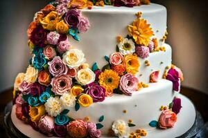 ein Hochzeit Kuchen mit bunt Blumen auf oben. KI-generiert foto