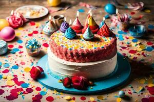 ein Geburtstag Kuchen mit bunt Kerzen auf oben. KI-generiert foto