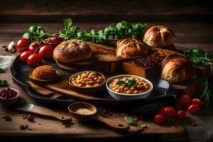 ein Teller von Essen mit brot, Bohnen, Tomaten und andere Zutaten. KI-generiert foto