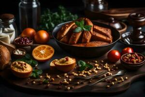 ein Schüssel von Brot mit anders Zutaten auf ein Tisch. KI-generiert foto