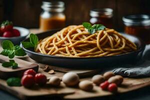 Spaghetti mit Tomaten, Basilikum und andere Zutaten auf ein hölzern Tisch. KI-generiert foto