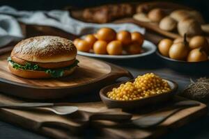 ein Hamburger und andere Lebensmittel auf ein hölzern Tisch. KI-generiert foto