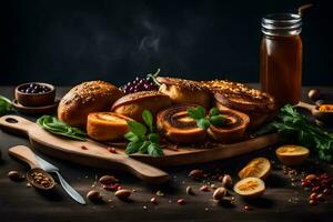 Gebäck, Brot und andere Essen auf ein hölzern Schneiden Tafel. KI-generiert foto