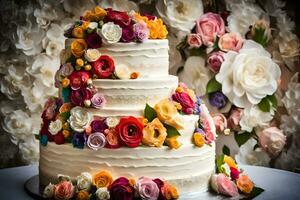 ein Hochzeit Kuchen mit bunt Blumen auf oben. KI-generiert foto