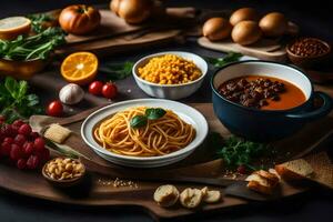 Spaghetti, Tomaten, brot, und andere Zutaten auf ein Tisch. KI-generiert foto