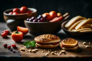 ein Vielfalt von Essen Artikel einschließlich Sandwiches, Obst und Gemüse. KI-generiert foto