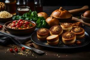 ein Teller von Essen mit Brot und andere Zutaten. KI-generiert foto