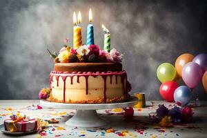 Geburtstag Kuchen mit Kerzen auf ein Tisch. KI-generiert foto