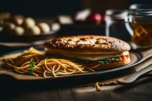 ein Sandwich und Spaghetti auf ein hölzern Tisch. KI-generiert foto