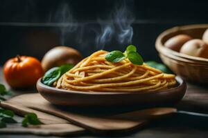 Spaghetti mit Tomate Soße im ein Schüssel auf ein hölzern Tisch. KI-generiert foto