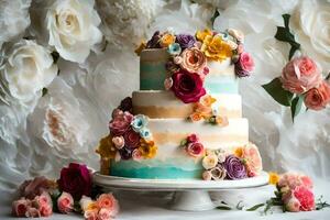 ein Hochzeit Kuchen mit bunt Blumen auf oben. KI-generiert foto