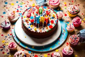 ein Geburtstag Kuchen mit Kerzen und Cupcakes. KI-generiert foto