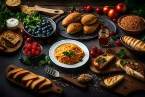 Spaghetti mit brot, Tomaten, Beeren und andere Zutaten. KI-generiert foto