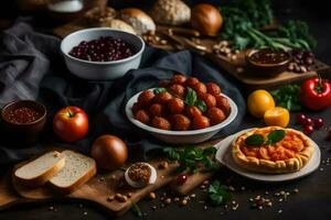 ein Vielfalt von Essen auf ein Tisch. KI-generiert foto