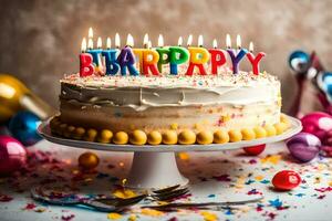 Kuchen mit das Wort Geburtstag geschrieben im das Kerzen. KI-generiert foto