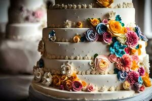 ein Hochzeit Kuchen mit bunt Blumen auf oben. KI-generiert foto