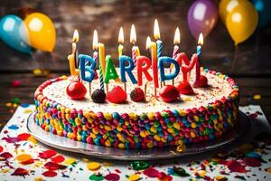 ein Geburtstag Kuchen mit das Wort barry geschrieben auf Es. KI-generiert foto