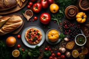 verschiedene Zutaten und Essen auf ein Tisch. KI-generiert foto