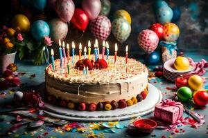 Geburtstag Kuchen mit Kerzen und Luftballons. KI-generiert foto