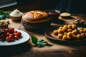 ein Tabelle mit Essen und Platten von Lebensmittel. KI-generiert foto