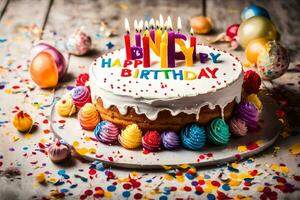 glücklich Geburtstag Kuchen mit Kerzen auf ein hölzern Hintergrund. KI-generiert foto