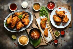 Hähnchen Flügel auf ein Tabelle mit Soße und andere Zutaten. KI-generiert foto