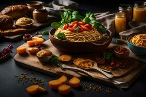 Spaghetti, brot, und andere Essen Artikel sind vereinbart worden auf ein Tisch. KI-generiert foto