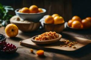 ein hölzern Tabelle mit Schalen von Obst und Nüsse. KI-generiert foto