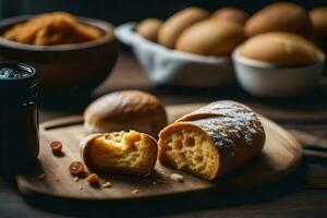 Brot und andere gebacken Waren auf ein hölzern Tisch. KI-generiert foto