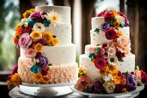 zwei Hochzeit Kuchen mit bunt Blumen auf oben. KI-generiert foto
