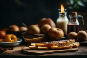 immer noch Leben mit brot, Äpfel, Orangen und ein Kerze auf ein hölzern Tisch. KI-generiert foto