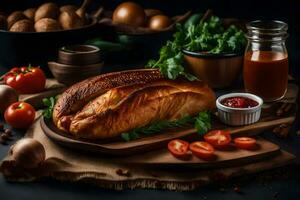 ein Laib von Brot mit Tomaten, Kräuter und andere Zutaten. KI-generiert foto