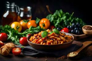 Pasta mit Tomaten und Basilikum auf ein hölzern Tisch. KI-generiert foto