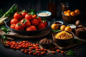 Erdbeeren, Tomaten, Käse, und andere Zutaten auf ein Tisch. KI-generiert foto