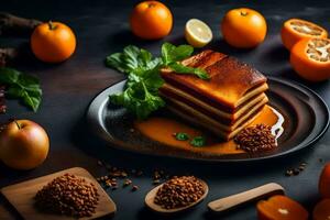 ein Teller mit ein Kuchen und Orangen auf Es. KI-generiert foto