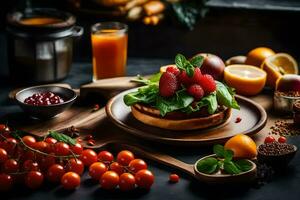 ein Teller mit ein Sandwich, Beeren und andere Zutaten. KI-generiert foto