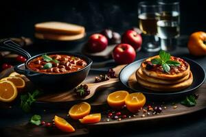 Essen auf ein Tabelle mit ein Schüssel von Suppe, Brot und Orangen. KI-generiert foto