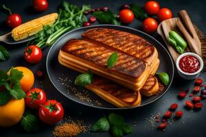 gegrillt Käse Sandwich mit Tomate und Basilikum auf ein schwarz Hintergrund. KI-generiert foto