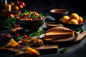 das Essen ist auf ein Tabelle mit ein hölzern Tafel und ein hölzern Schüssel. KI-generiert foto