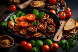 ein Teller von Essen mit Tomaten, Brot und Gewürze. KI-generiert foto