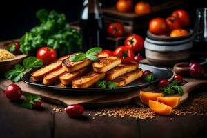 gegrillt Brot Stöcke auf ein schwarz Teller mit Tomaten und Gewürze. KI-generiert foto