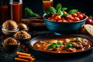 Hähnchen Curry mit Gemüse und Brot auf ein dunkel Tisch. KI-generiert foto