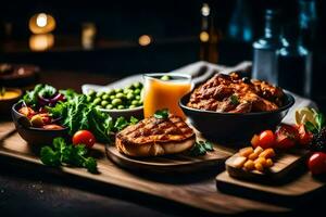 ein hölzern Tablett mit Essen auf Es. KI-generiert foto