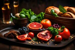 Essen auf ein Teller mit brot, Orangen, Tomaten, und andere Früchte. KI-generiert foto
