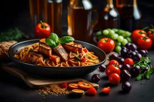 Spaghetti mit Tofu und Tomaten im ein schwarz Schüssel. KI-generiert foto