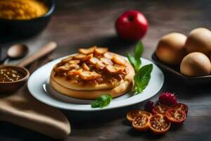 ein Teller mit ein Apfel Kuchen, Eier und andere Zutaten. KI-generiert foto