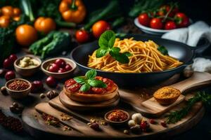 Spaghetti mit Tomate Soße und Gemüse auf ein hölzern Tisch. KI-generiert foto